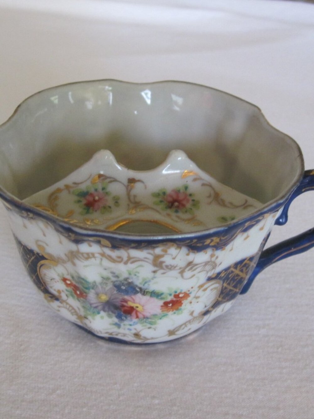 late 1880's Victorian/Edwardian Bone China Tea "Mustache" Cup- Cobalt w/ Gold
